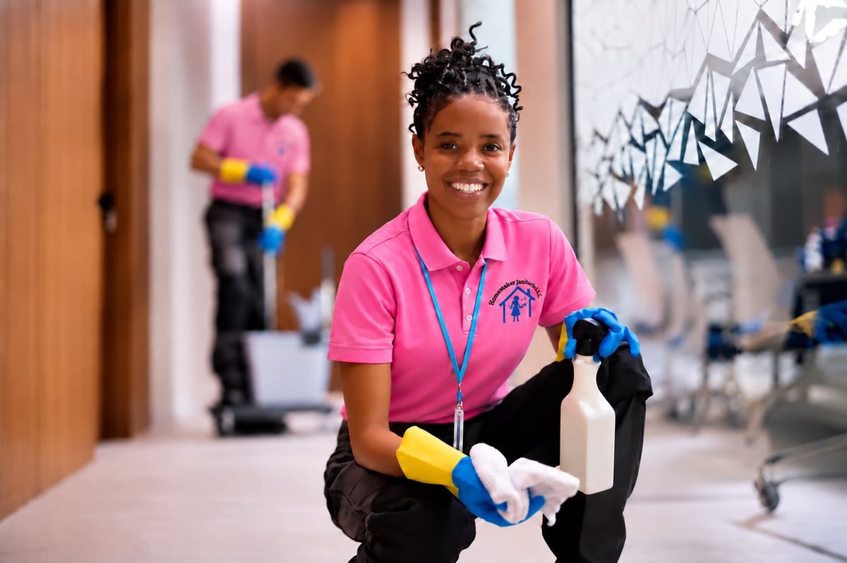 Woman in pink shirt and protective gloves holding cleaning supplies, smiling at camera in hallway