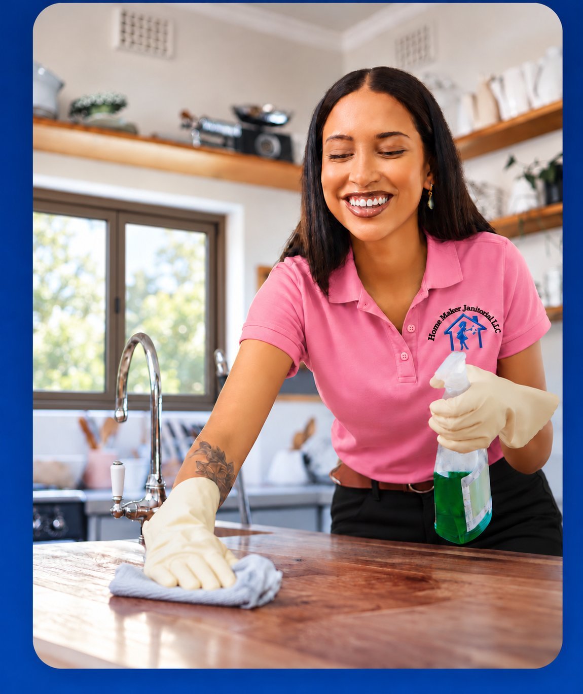 Smiling woman in pink polo shirt cleaning kitchen counter with spray bottle and cloth